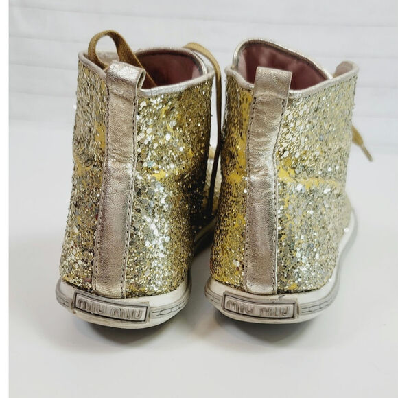 MIU MIU Gold Glitter High Tops w Silver Studded Cap Toe Sneakers, sz 38 EU/ 8 US - Picture 9 of 16